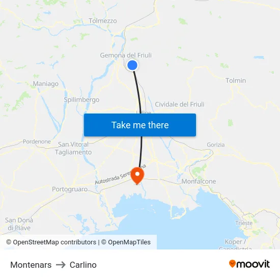 Montenars to Carlino map