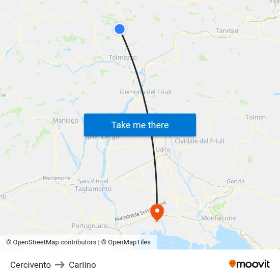 Cercivento to Carlino map