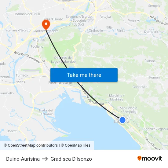 Duino-Aurisina to Gradisca D'Isonzo map