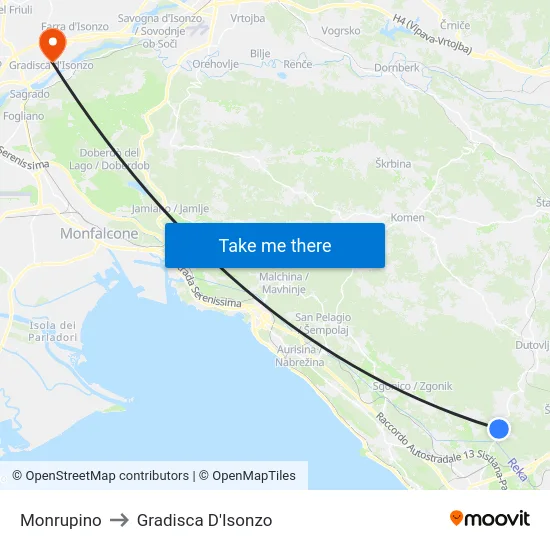 Monrupino to Gradisca D'Isonzo map