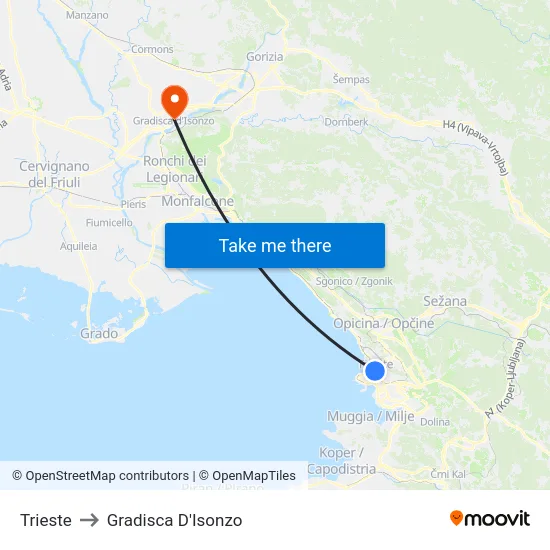 Trieste to Gradisca D'Isonzo map