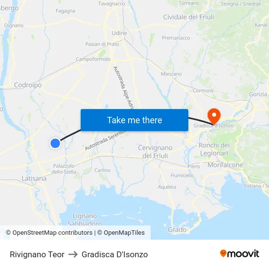 Rivignano Teor to Gradisca D'Isonzo map