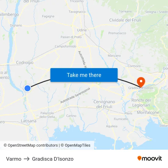 Varmo to Gradisca D'Isonzo map