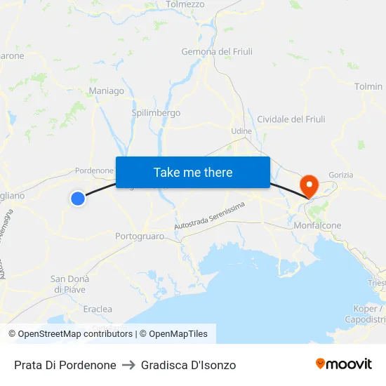 Prata Di Pordenone to Gradisca D'Isonzo map