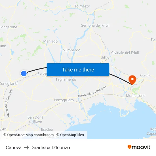 Caneva to Gradisca D'Isonzo map