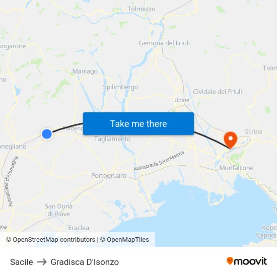 Sacile to Gradisca D'Isonzo map