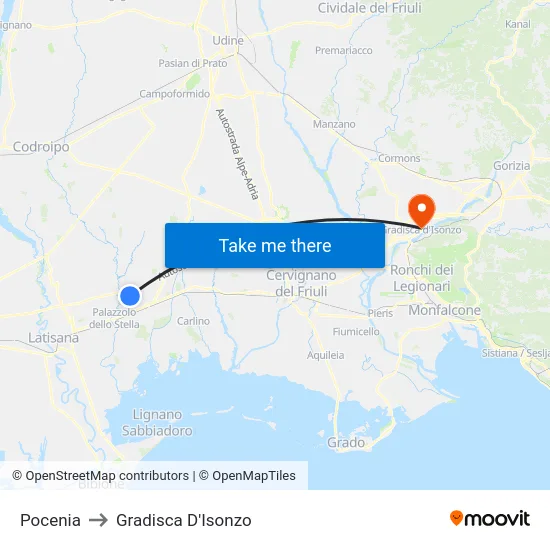 Pocenia to Gradisca D'Isonzo map