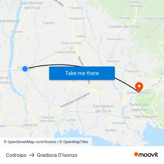 Codroipo to Gradisca D'Isonzo map