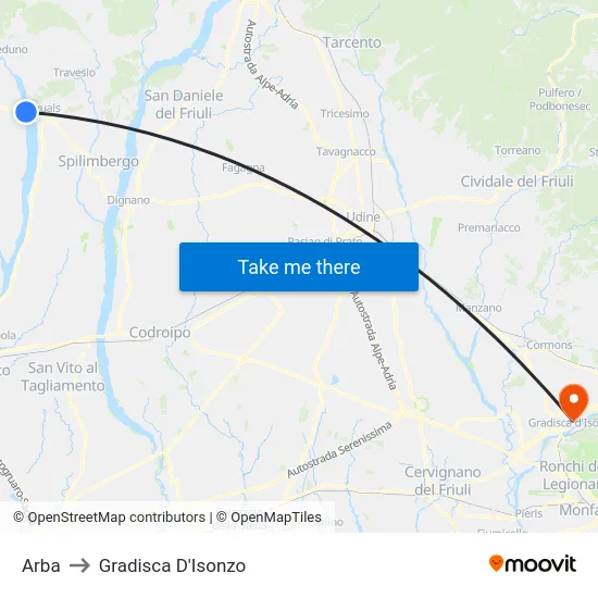 Arba to Gradisca D'Isonzo map