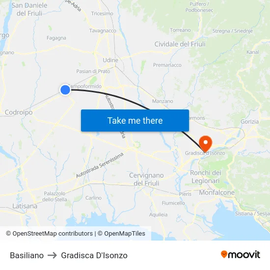 Basiliano to Gradisca D'Isonzo map