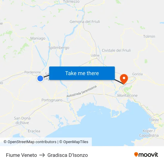 Fiume Veneto to Gradisca D'Isonzo map