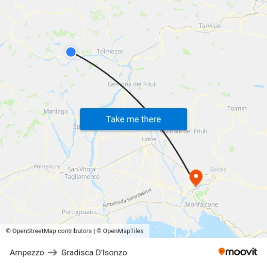 Ampezzo to Gradisca D'Isonzo map