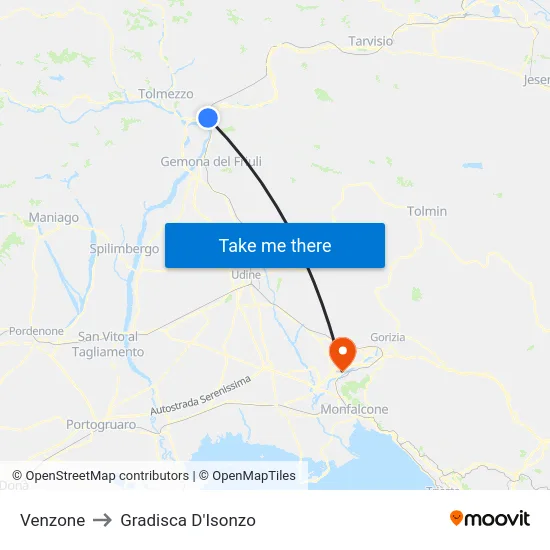 Venzone to Gradisca D'Isonzo map