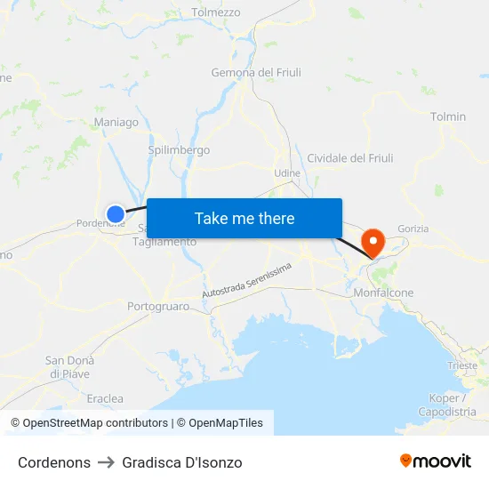 Cordenons to Gradisca D'Isonzo map
