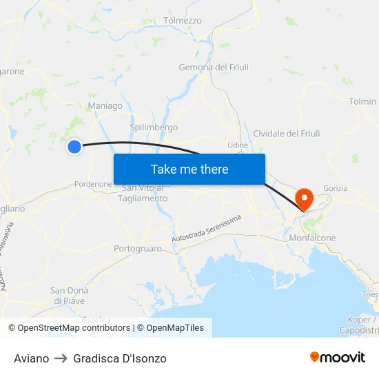 Aviano to Gradisca D'Isonzo map