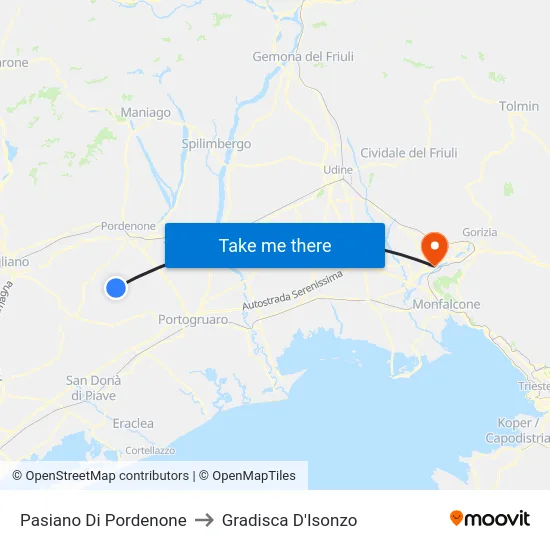 Pasiano Di Pordenone to Gradisca D'Isonzo map