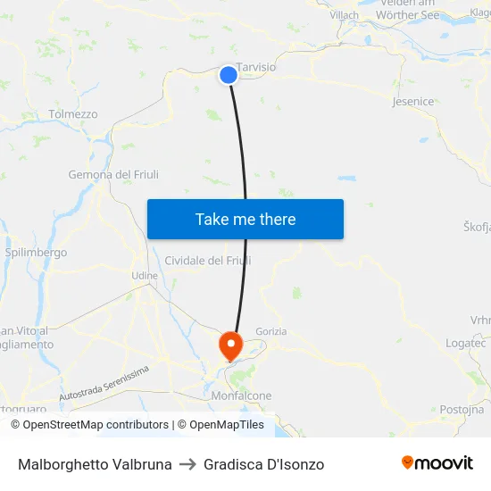 Malborghetto Valbruna to Gradisca D'Isonzo map