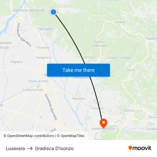 Lusevera to Gradisca D'Isonzo map