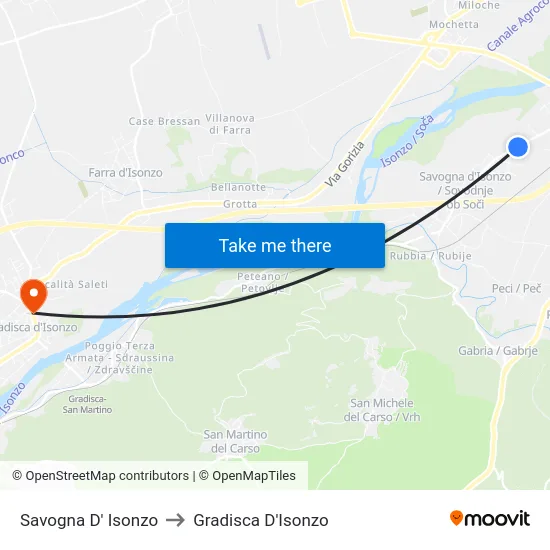 Savogna D' Isonzo to Gradisca D'Isonzo map