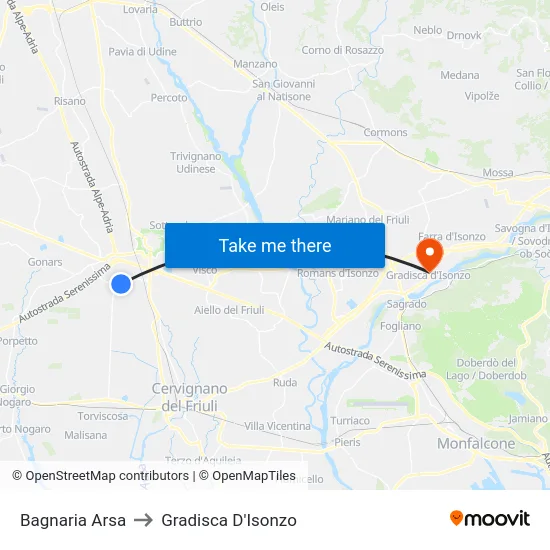 Bagnaria Arsa to Gradisca D'Isonzo map