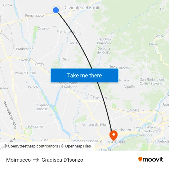 Moimacco to Gradisca D'Isonzo map
