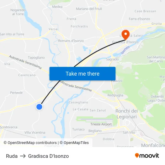 Ruda to Gradisca D'Isonzo map