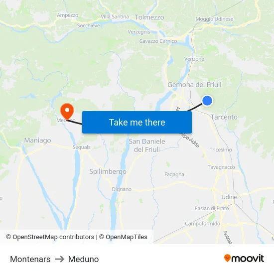 Montenars to Meduno map