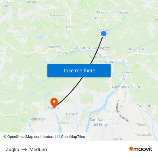 Zuglio to Meduno map