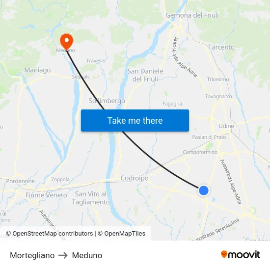 Mortegliano to Meduno map