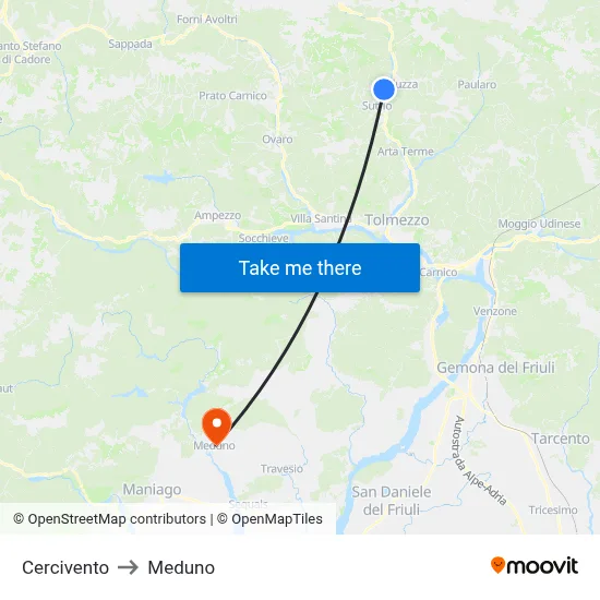 Cercivento to Meduno map