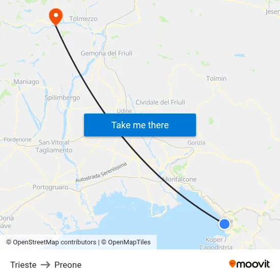 Trieste to Preone map