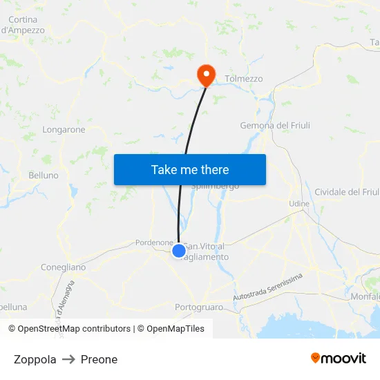 Zoppola to Preone map