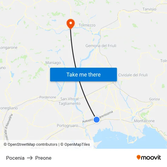 Pocenia to Preone map