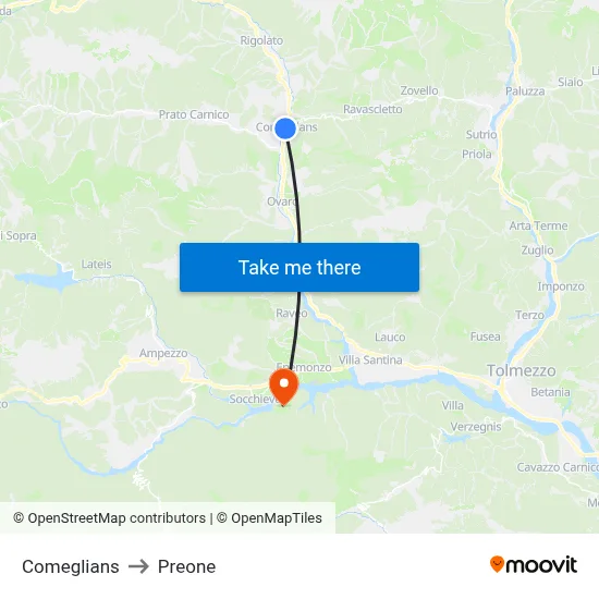 Comeglians to Preone map