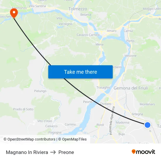 Magnano In Riviera to Preone map