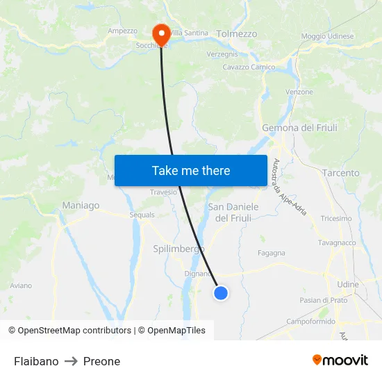 Flaibano to Preone map