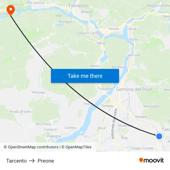 Tarcento to Preone map