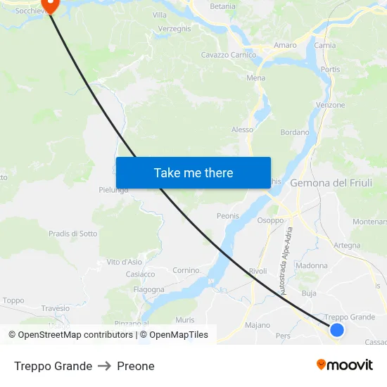 Treppo Grande to Preone map