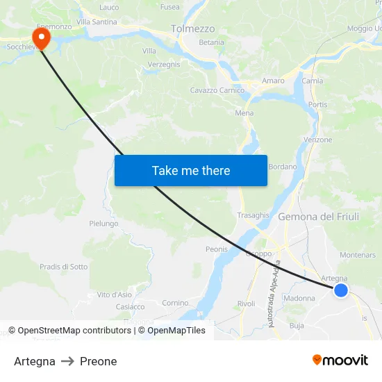 Artegna to Preone map