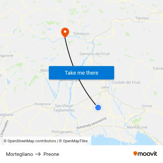 Mortegliano to Preone map