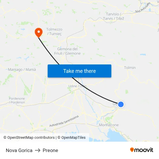 Nova Gorica to Preone map