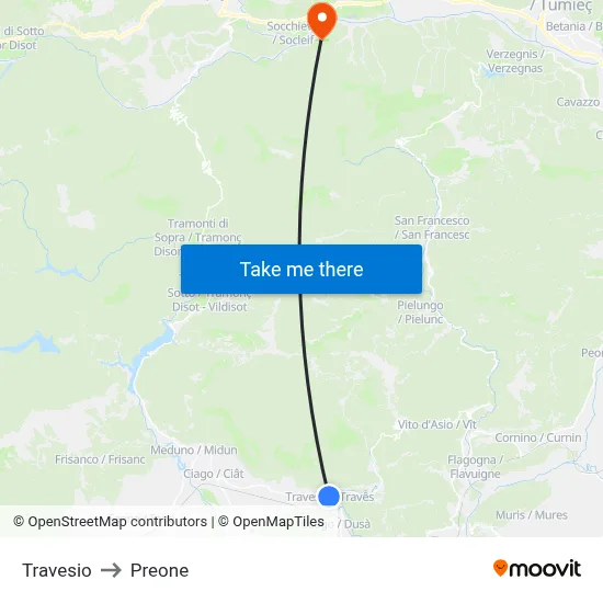 Travesio to Preone map