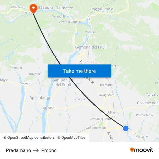 Pradamano to Preone map