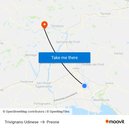 Trivignano Udinese to Preone map