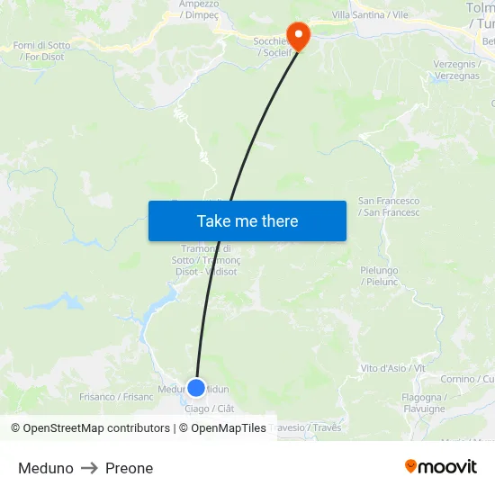 Meduno to Preone map