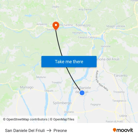 San Daniele Del Friuli to Preone map