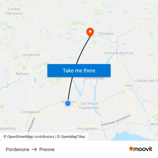 Pordenone to Preone map