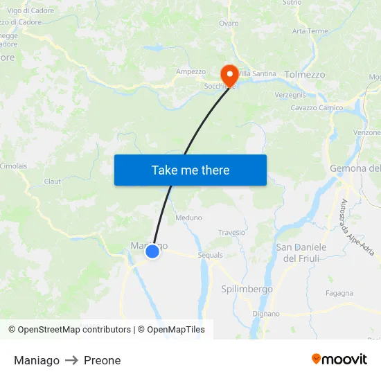 Maniago to Preone map