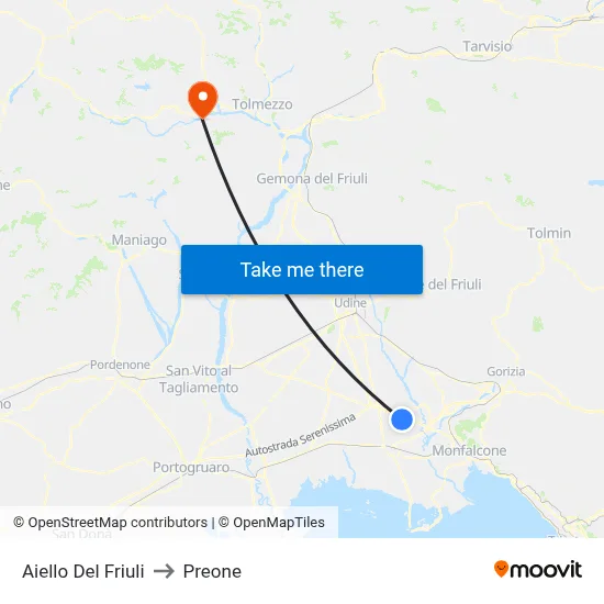 Aiello Del Friuli to Preone map
