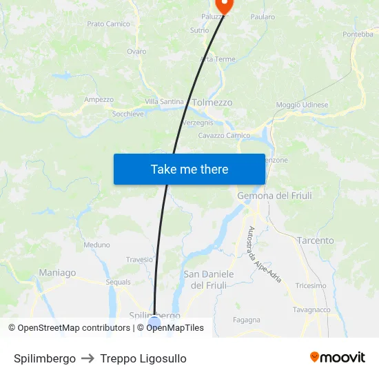 Spilimbergo to Treppo Ligosullo map